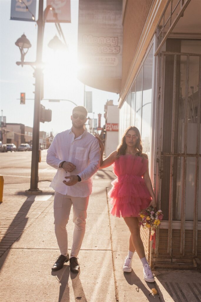 bright and playful photoshoot with couples posing downtown - saskatoon photos