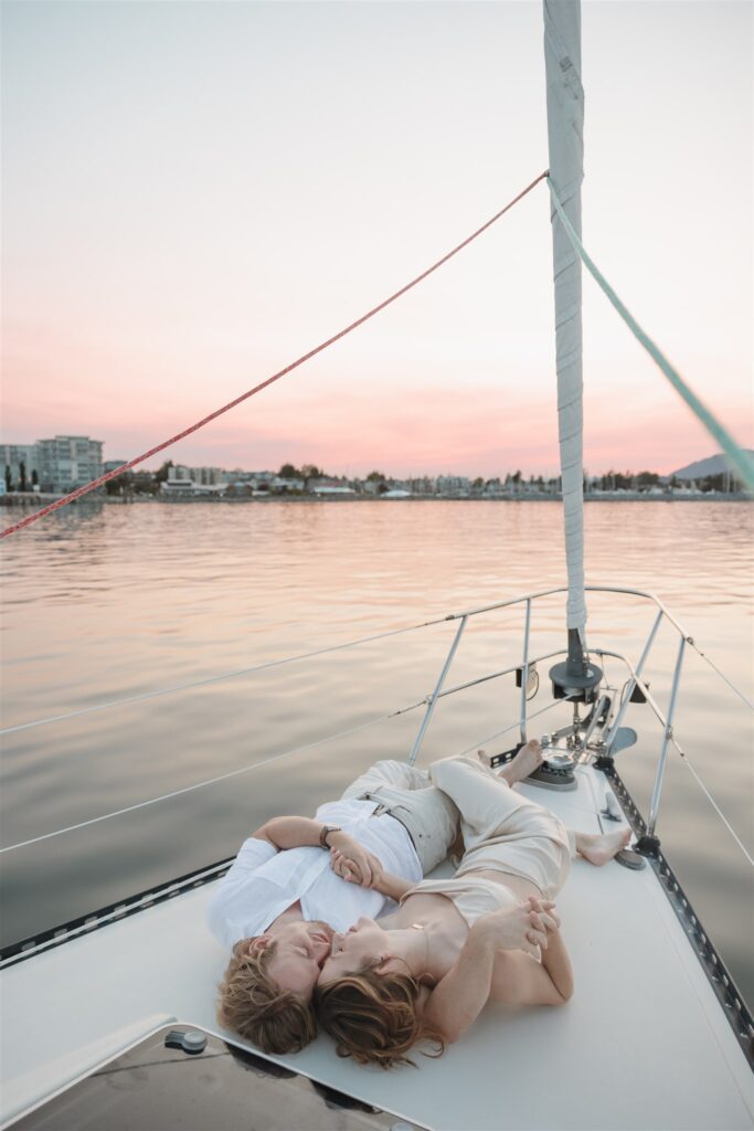 an elopement photoshoot on a sailboat in british columbia