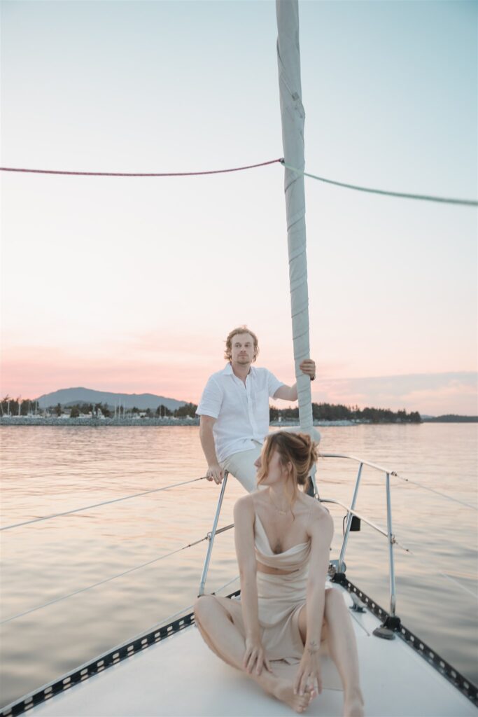 an elopement photoshoot on a sailboat in british columbia