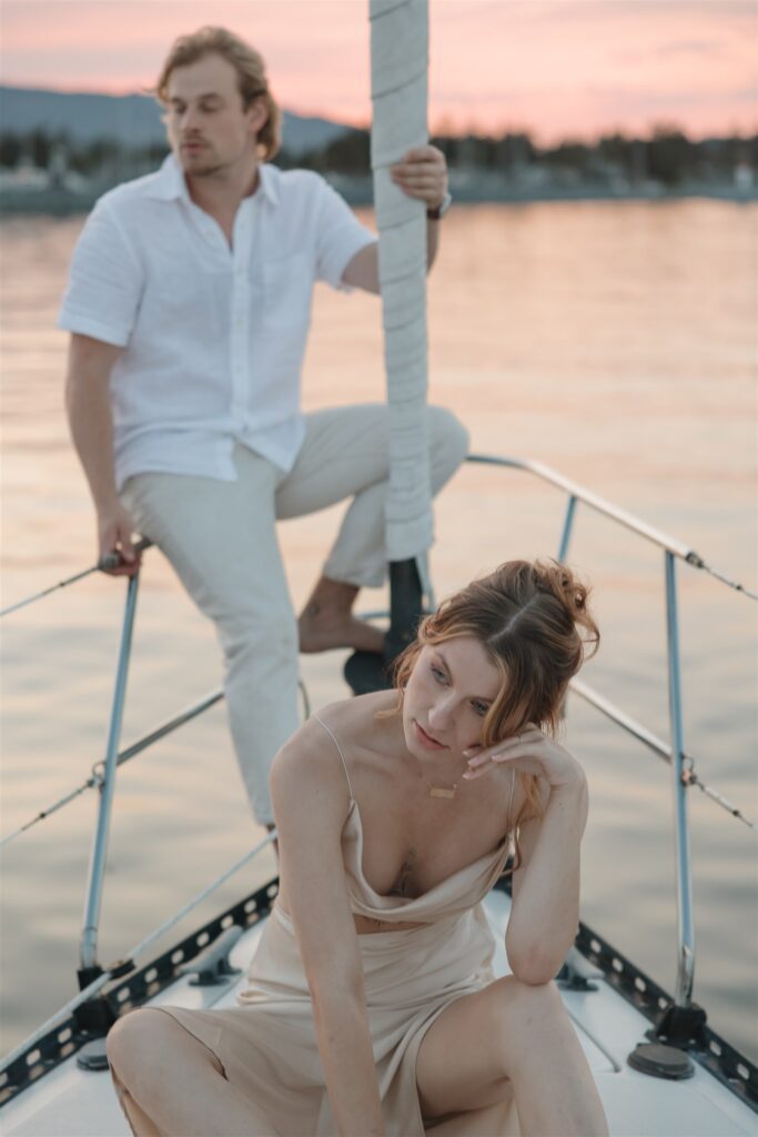 an elopement photoshoot on a sailboat in british columbia