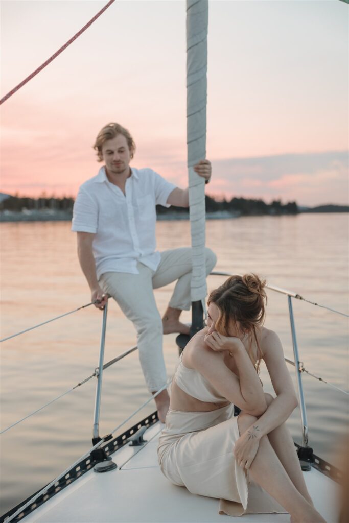 an elopement photoshoot on a sailboat in british columbia