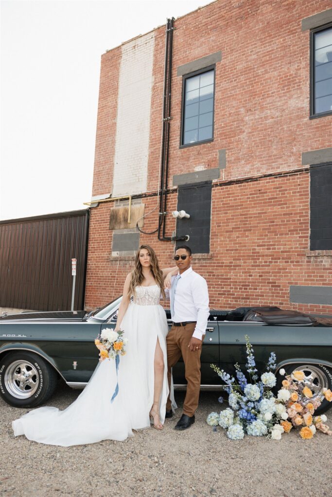 couple posing in downtown Saskatoon for their wedding photos | Modern Editorial Wedding Photos in Downtown Saskatoon
