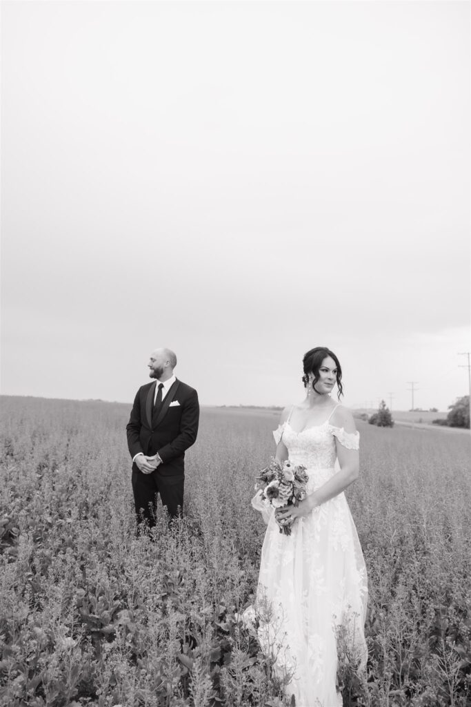 luxurious wedding photography of bride and groom posing in saskatoon for their wedding day photos