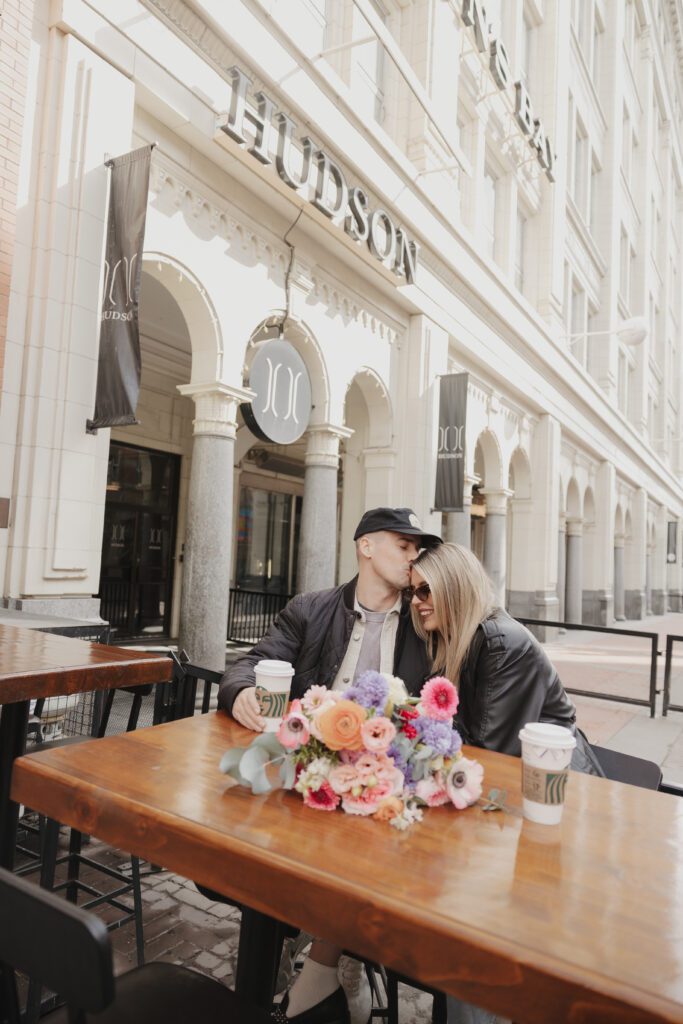 Couple exploring downtown Calgary during their modern edgy couples photoshoot 