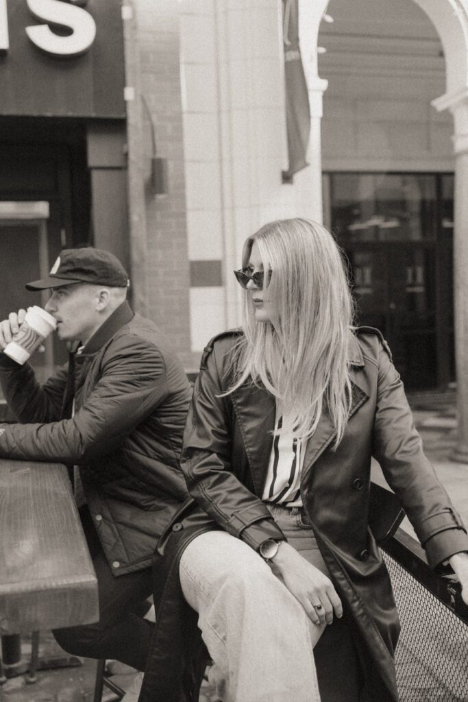 Couple exploring downtown Calgary during their modern edgy couples photoshoot 