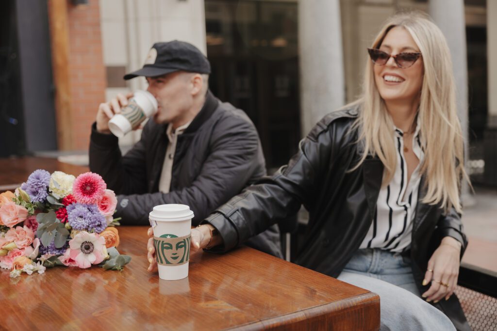 Couple exploring downtown Calgary during their modern edgy couples photoshoot 