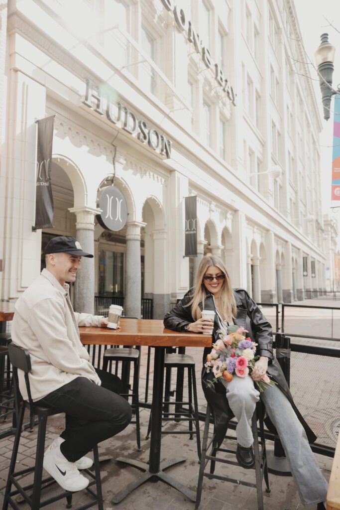 Couple exploring downtown Calgary during their modern edgy couples photoshoot 