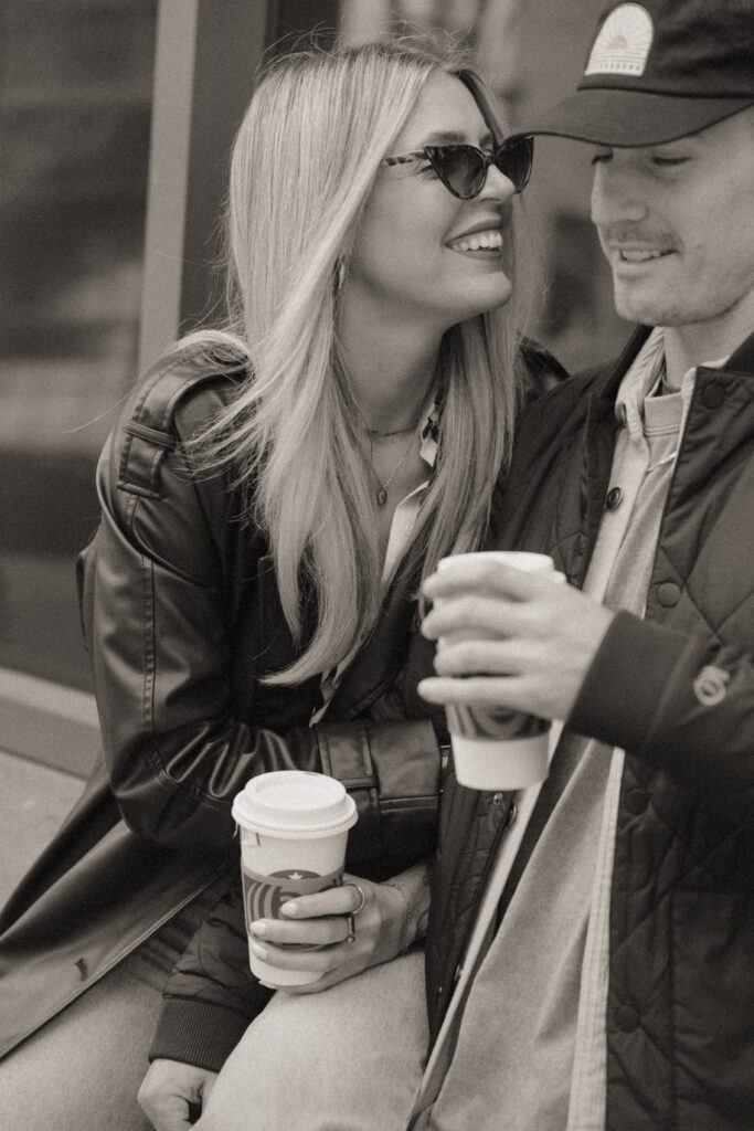 Couple exploring downtown Calgary during their modern edgy couples photoshoot 