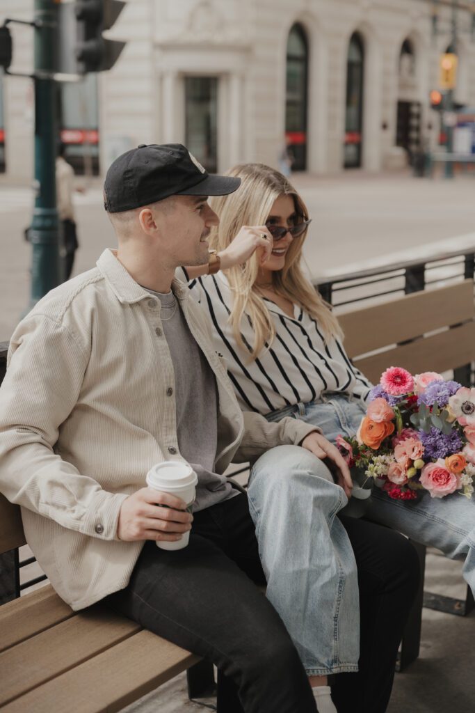 Couple exploring downtown Calgary during their modern edgy couples photoshoot 