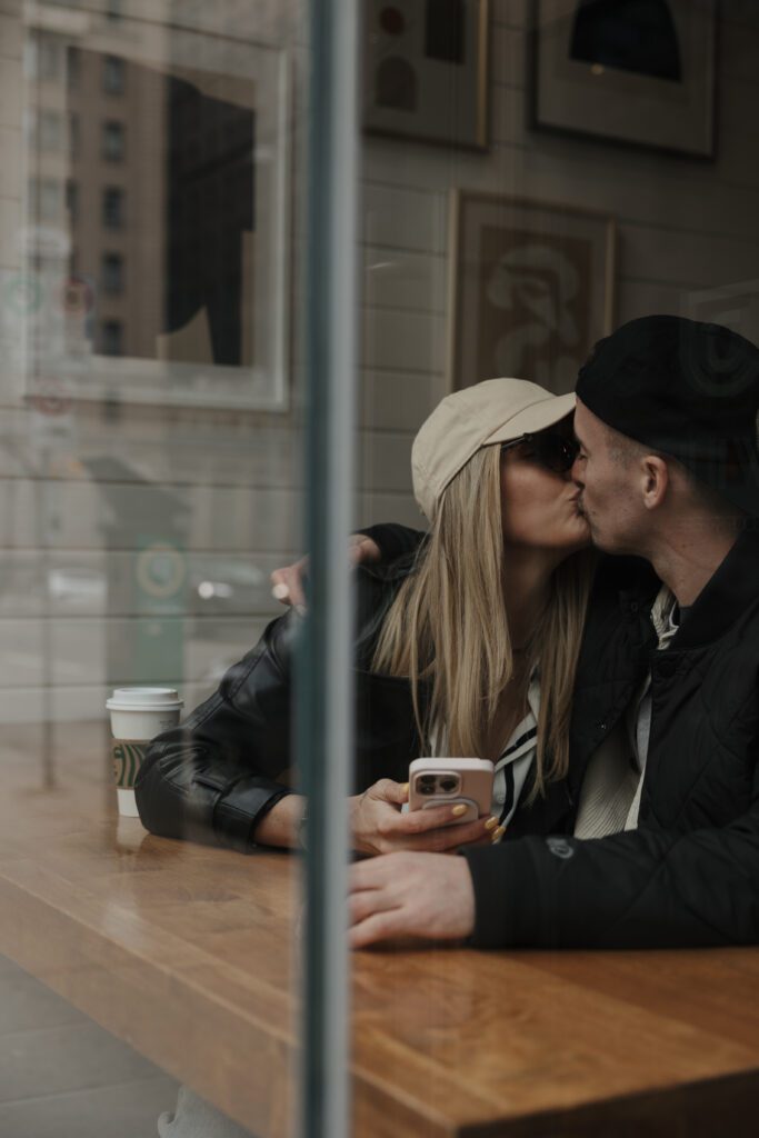 Couple exploring downtown Calgary during their modern edgy couples photoshoot 