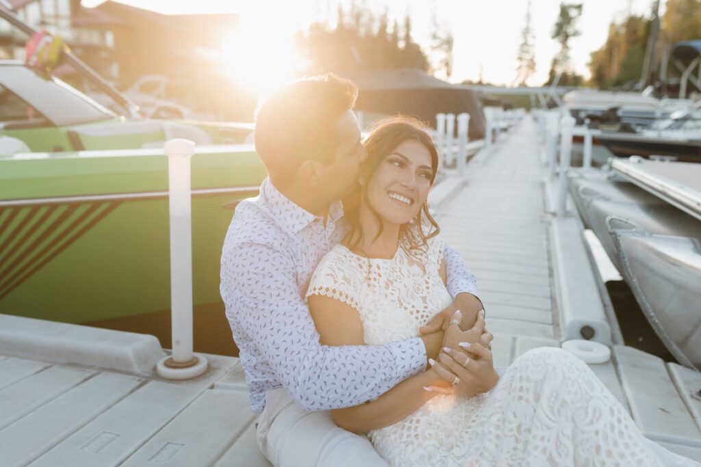 Bride and groom taking golden hour photos on the Candle Lake Golf course 