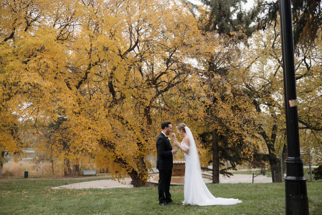 Emotional vow exchange between bride and groom under golden fall trees, capturing the intimacy of their elegant Saskatoon wedding