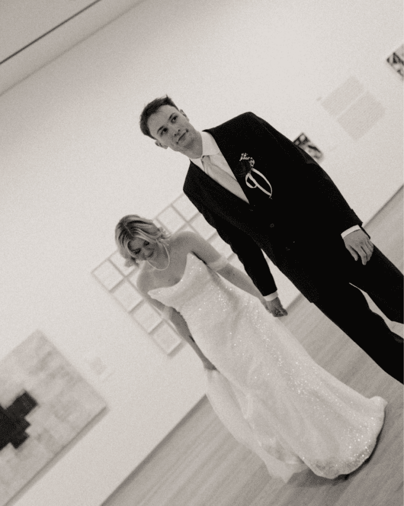 Bride and groom taking in a private moment amongst the remai modern art