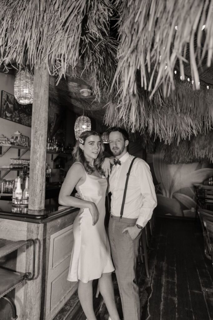 Editorial-style flash portrait of Chelsea and Michael at their first date location