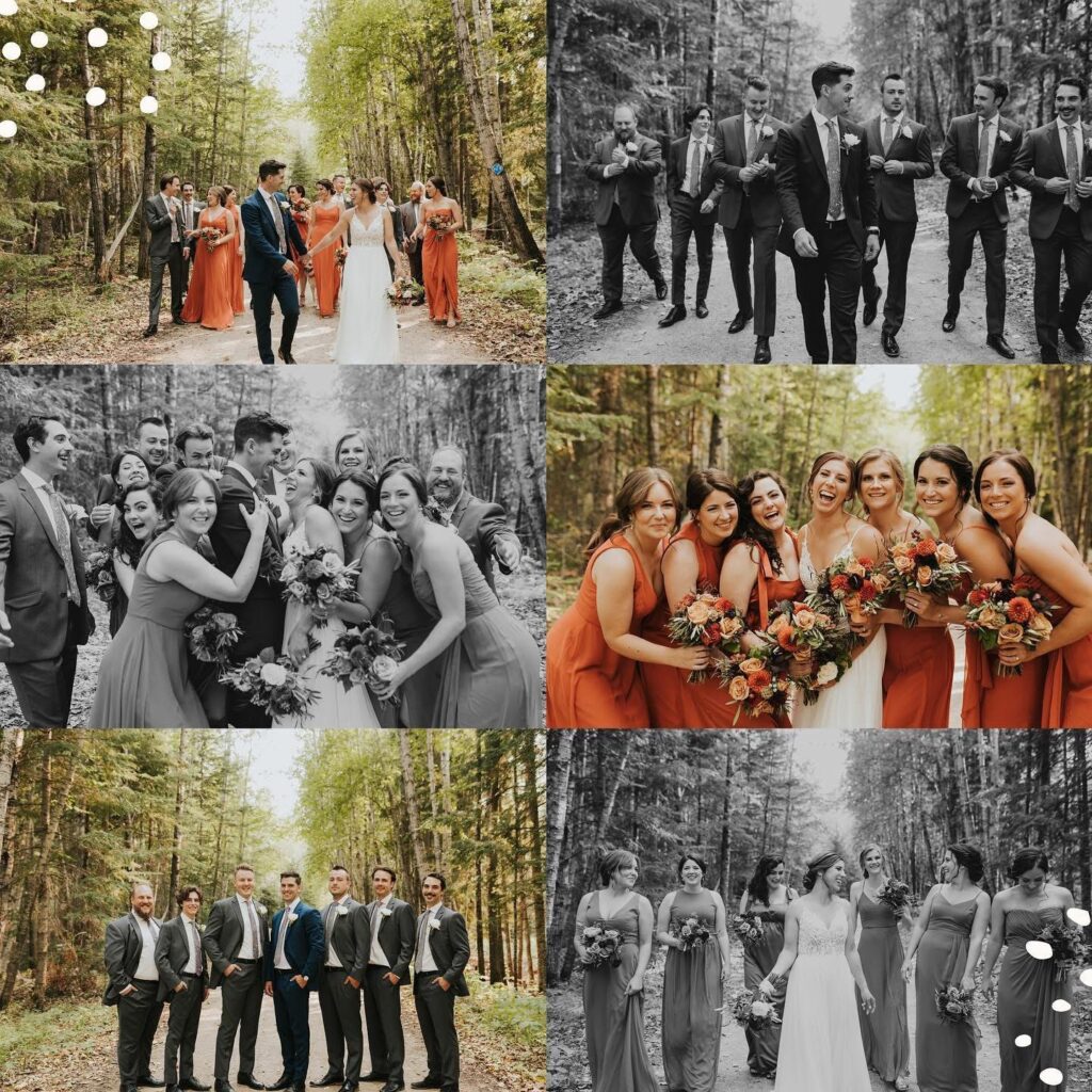 Outdoor fall wedding at Elk Ridge Resort in Waskesiu Lake with forest backdrop and floral arch