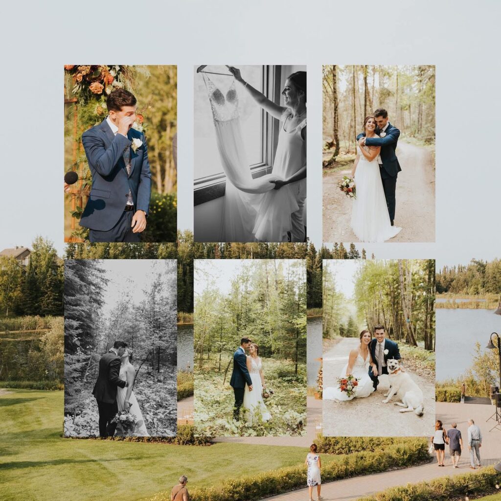 Outdoor fall wedding at Elk Ridge Resort in Waskesiu Lake with forest backdrop and floral arch