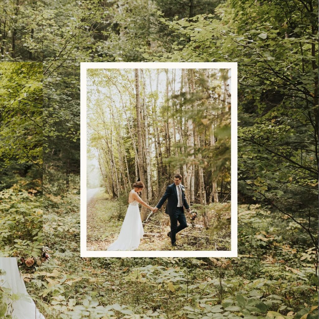 Outdoor fall wedding at Elk Ridge Resort in Waskesiu Lake with forest backdrop and floral arch
