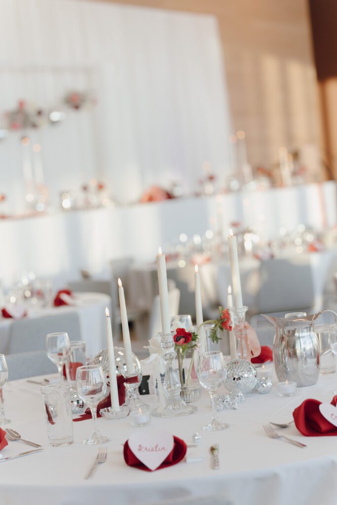 Contemporary wedding setup in the atrium at Remai Modern, Saskatoon, with modern art and panoramic river views