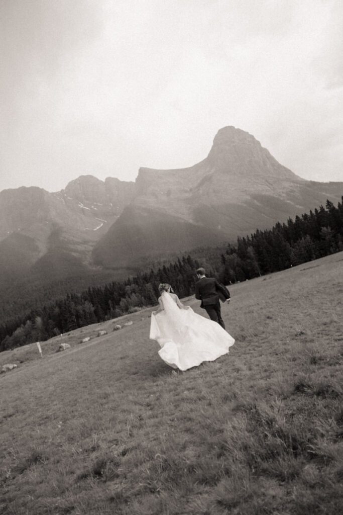 Mountain view wedding portraits with bride and groom smiling