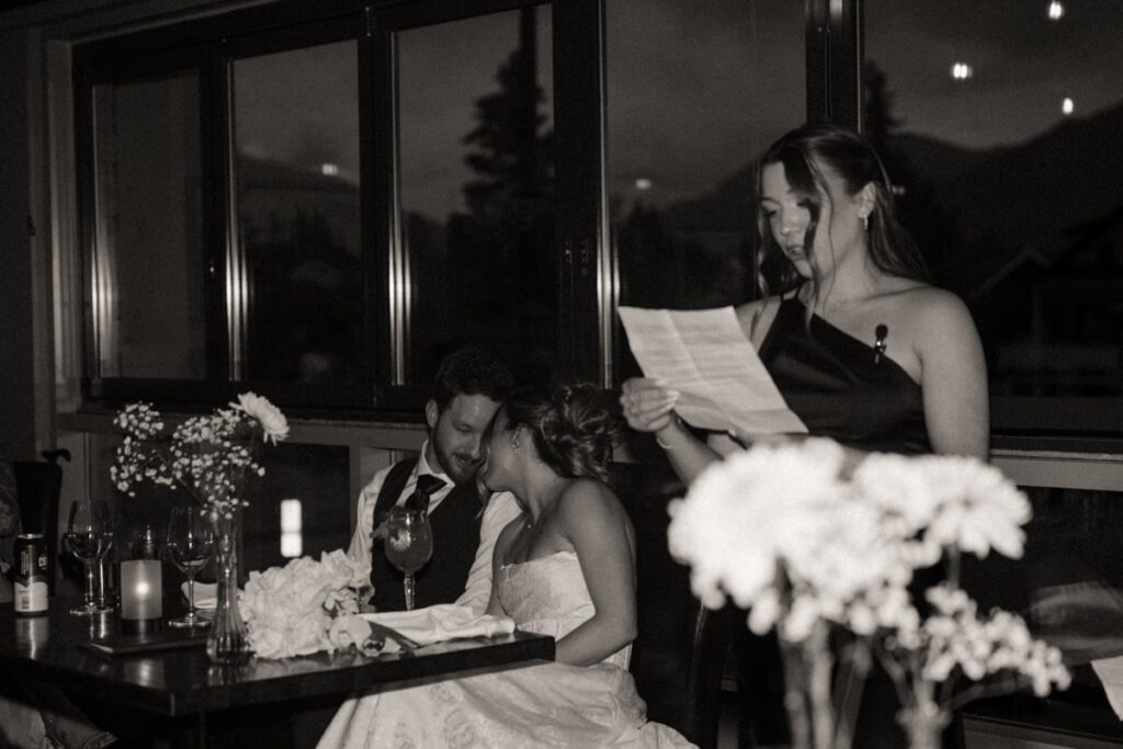 Reception setup at Murrieta’s Bar & Grill, an intimate Canmore wedding venue