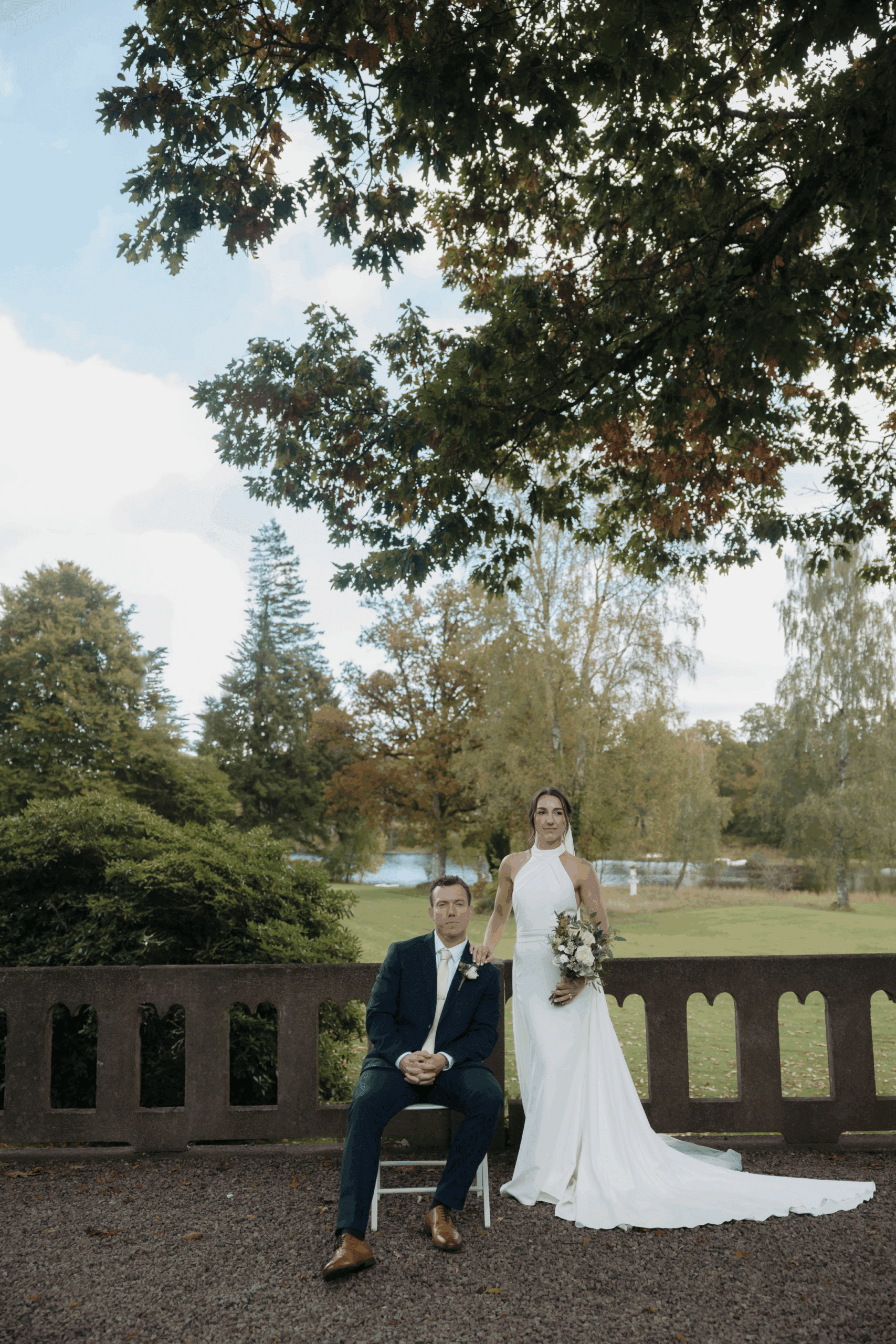 Romantic wedding portraits captured in golden evening light.