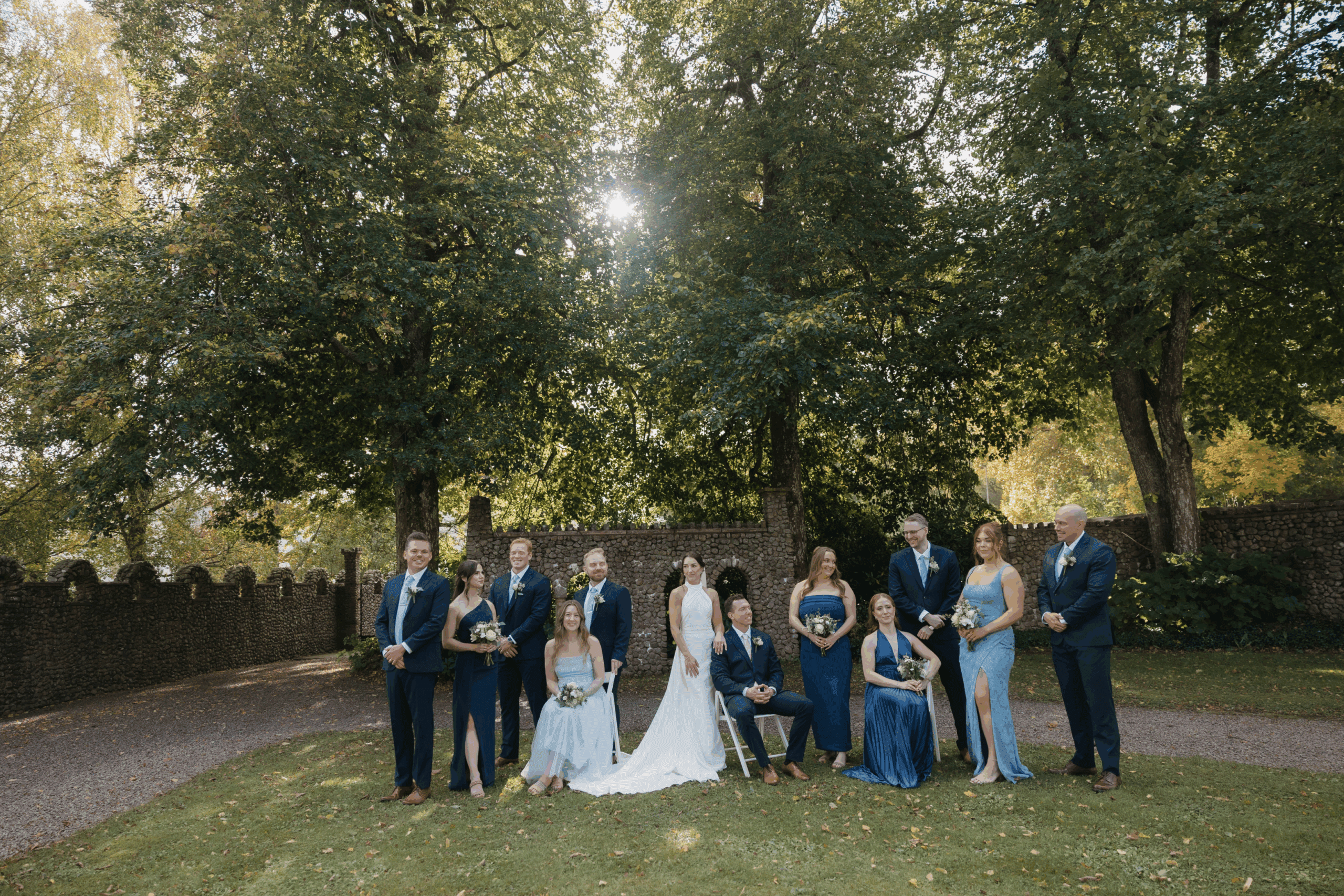 Romantic wedding portraits captured in golden evening light.
