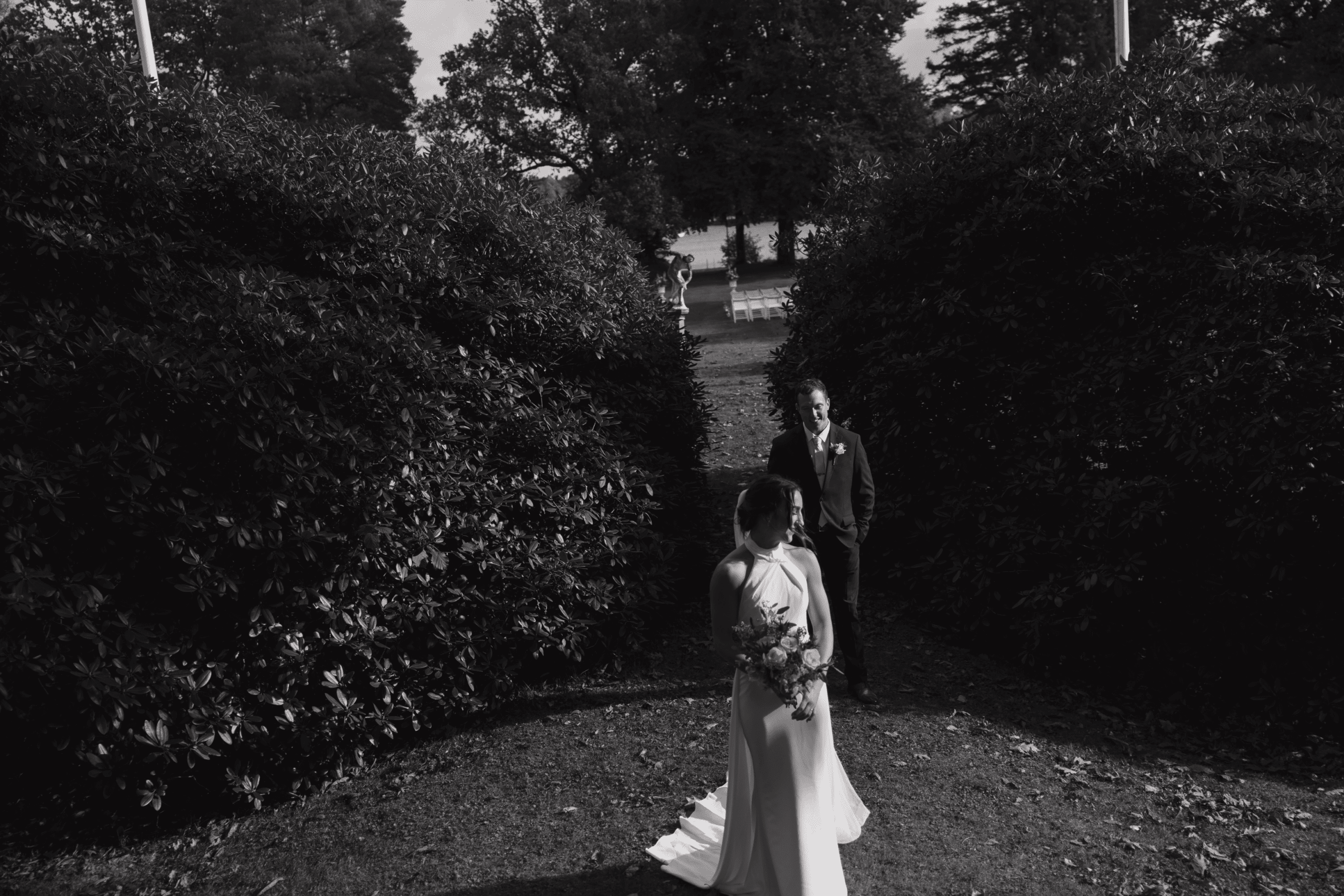 Romantic wedding portraits captured in golden evening light.